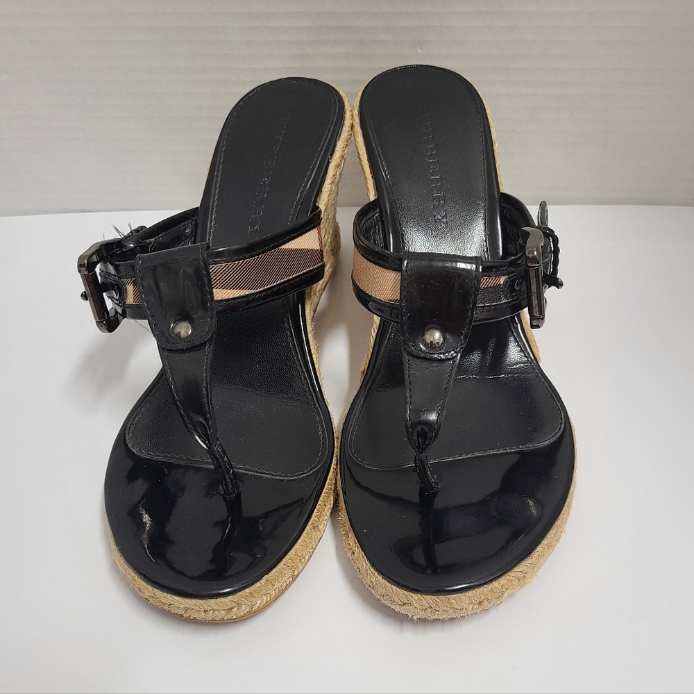 Burberry Vintage Black Patent Nova Check Wedge Thong Sandals with Box Sz 41 US 9 - Picture 5 of 16